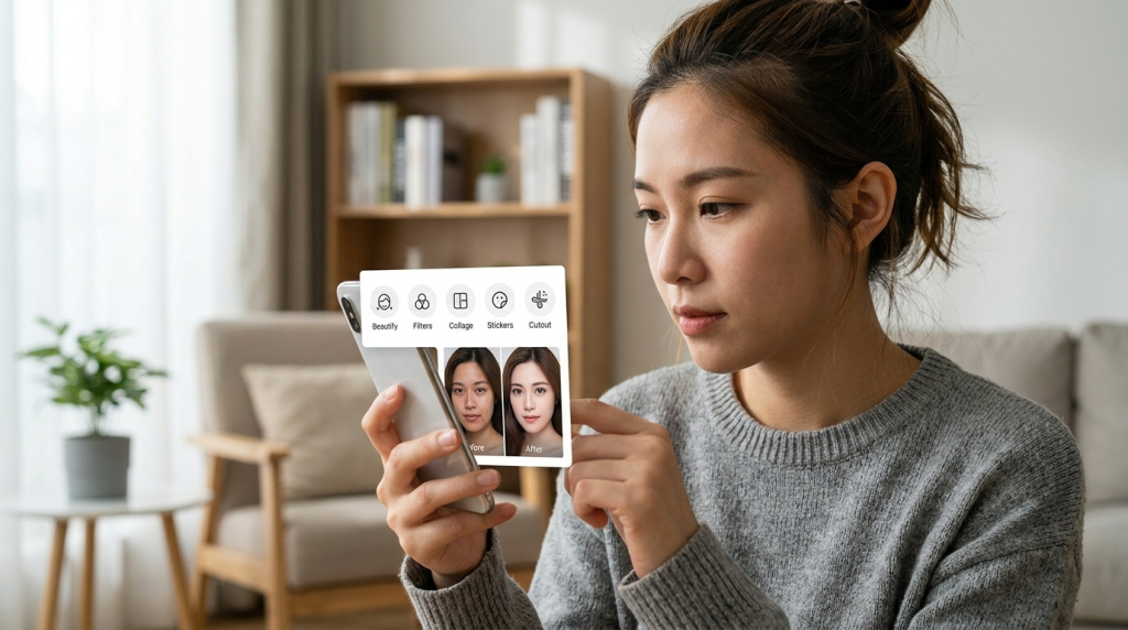 美图秀秀核心功能分类:美颜滤镜拼图特效抠图