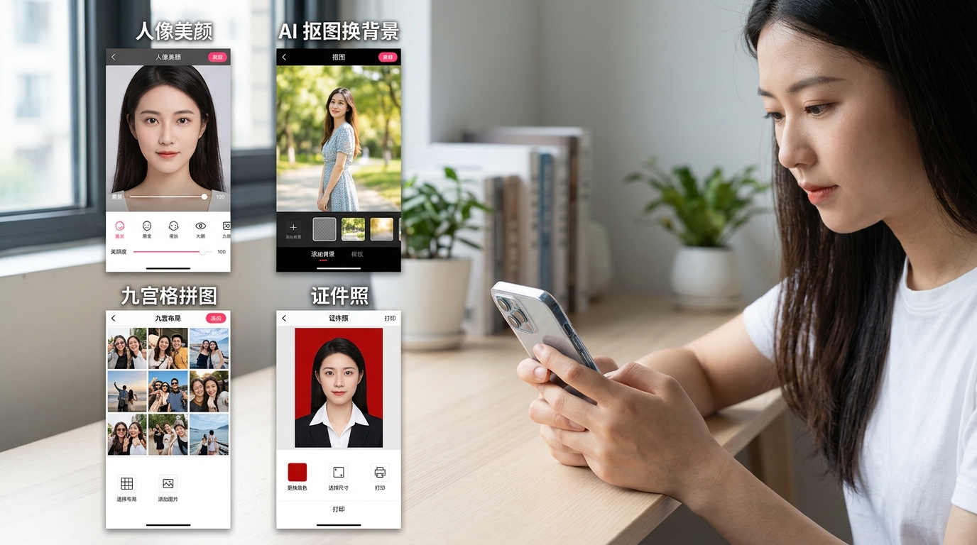 美图秀秀下载后的核心功能界面：美颜、抠图、拼图、证件照