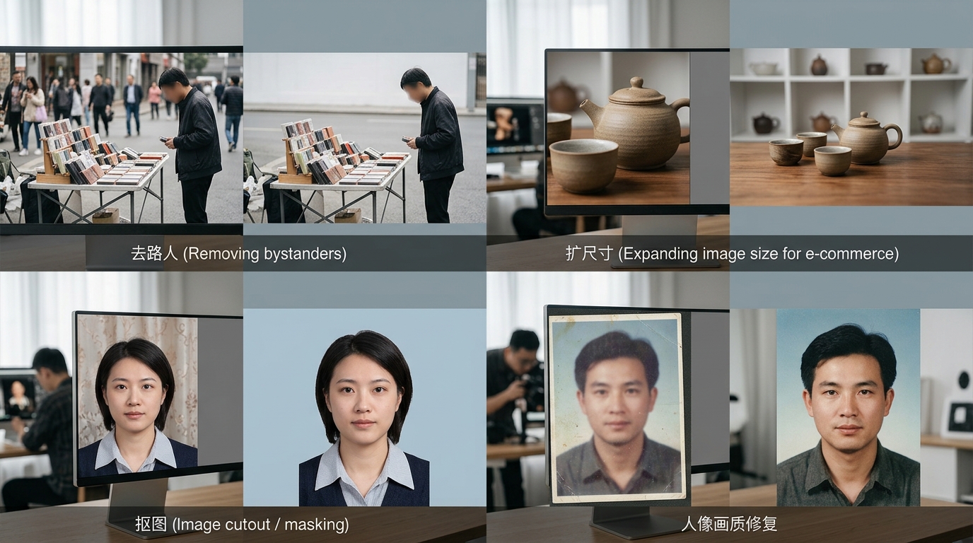 美图秀秀AI修图消除笔抠图扩图场景对比